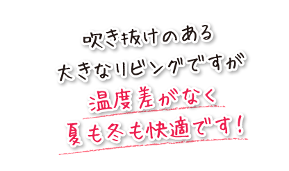 吹き抜けのある大きなリビングですが温度差がなく夏も冬も快適です！