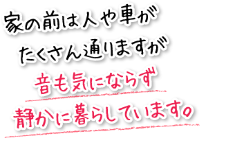 家の前は人や車がたくさん通りますが音も気にならず静かに暮らしています。