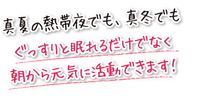 真夏の熱帯夜でも、真冬でもぐっすりと眠れるだけでなく朝から元気に活動できます！