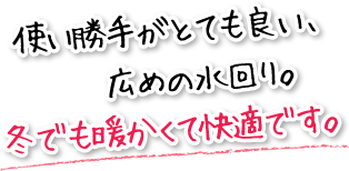 使い勝手がとても良い、広めの水回り。冬でも暖かくて快適です。