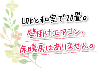 LDKと和室で20畳。壁掛けエアコン、床暖房はありません。