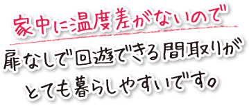 家中に温度差がないので扉なしで回遊できる間取りがとても暮らしやすいです。