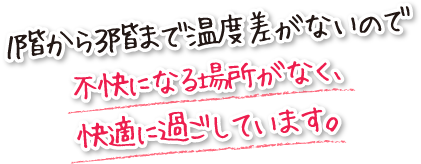 １階から３階まで温度差がないので不快になる場所がなく、快適に過ごしています。