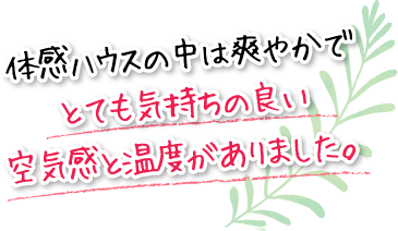 体感ハウスの中は爽やかでとても気持ちの良い空気感と温度がありました。