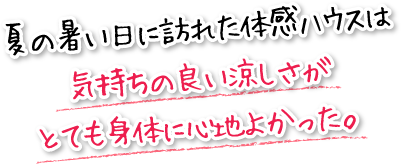 夏の暑い日に訪れた体感ハウスは気持ちの良い涼しさがとても身体に心地よかった。