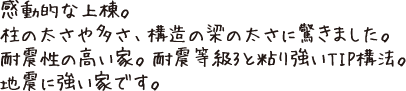 感動的な上棟。柱の太さや多さ、構造の梁の太さに驚きました。耐震性の高い家。耐震等級3と粘り強いTIP構法。地震に強い家です。