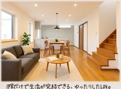 1階だけで生活が完結できる、ゆったりしたLDK。