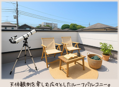 天体観測を楽しむ広々としたルーフバルコニー。