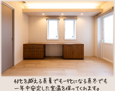 40℃を越える真夏でも-9℃になる真冬でも一年中安定した室温を保ってくれます。