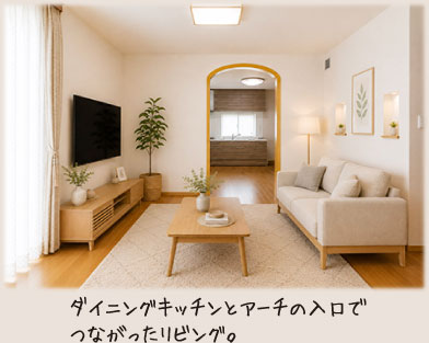 ダイニングキッチンとアーチの入口でつながったリビング。