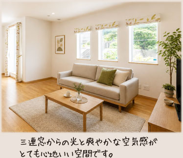 三連窓からの光と爽やかな空気感がとても心地いい空間です。