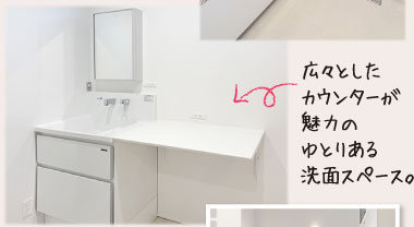 広々としたカウンターが魅力のゆとりある洗面スペース。