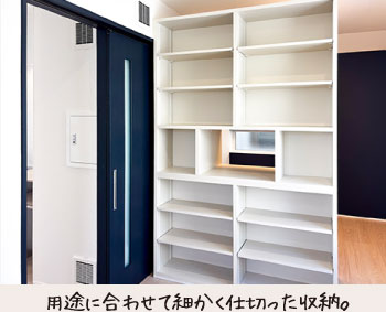 用途に合わせて細かく仕切った収納。
