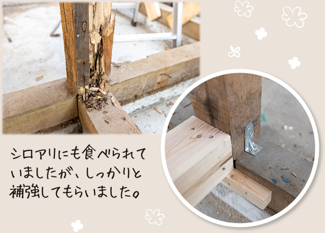 シロアリにも食べられていましたが、しっかりと補強してもらいました。